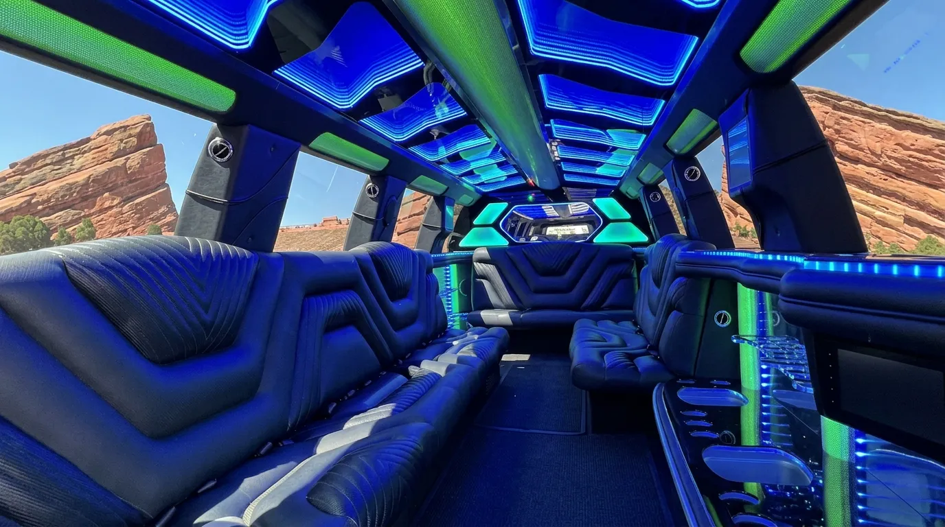 Inside the Chevy Suburban limo in Laporte: LED light-show ceiling, leather lounge seating and lit bar