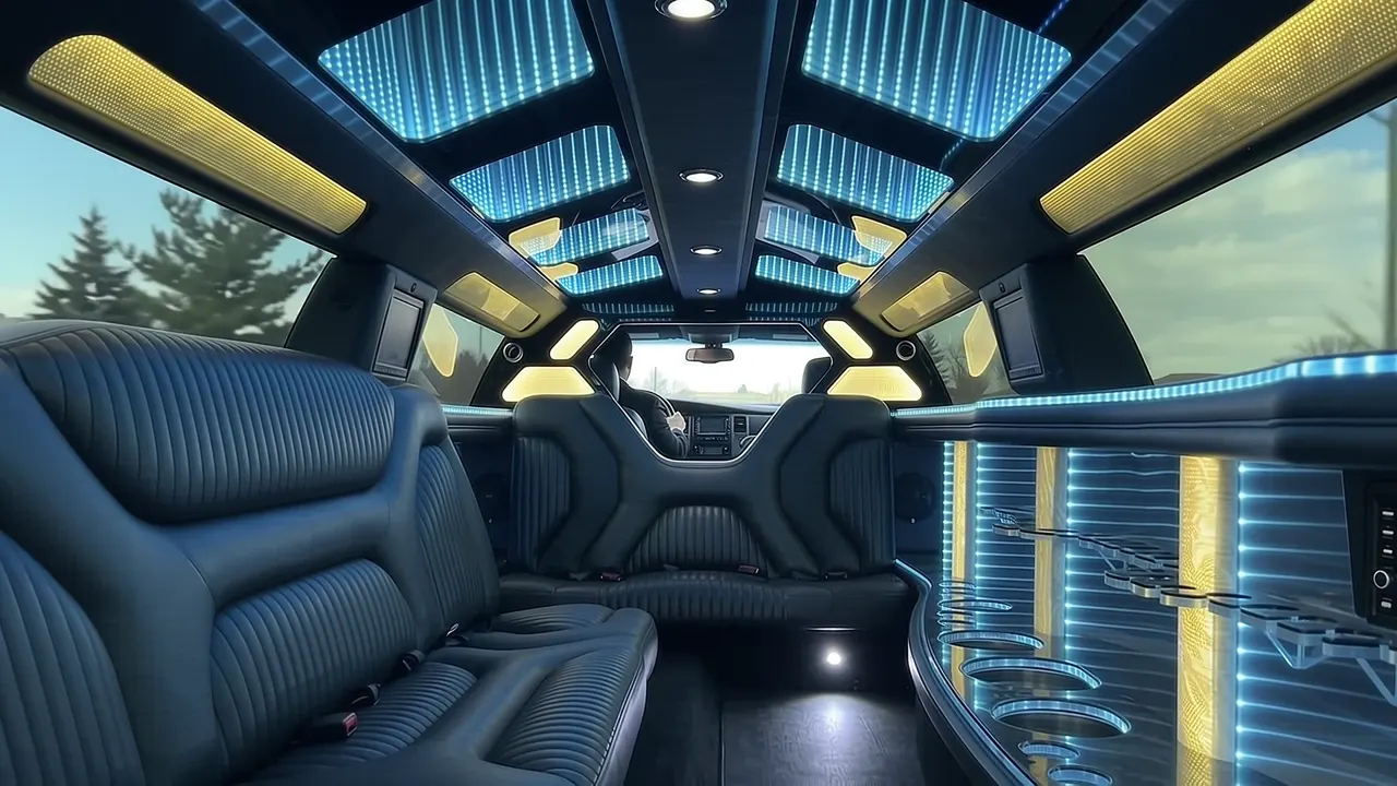 Inside the Dodge Charger limo in Laporte: LED light-show ceiling, leather lounge seating and lit bar